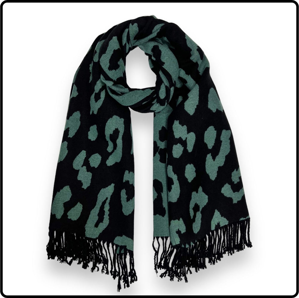 Leopard print on reversible cashmere blend scarf in Teal-SCLT