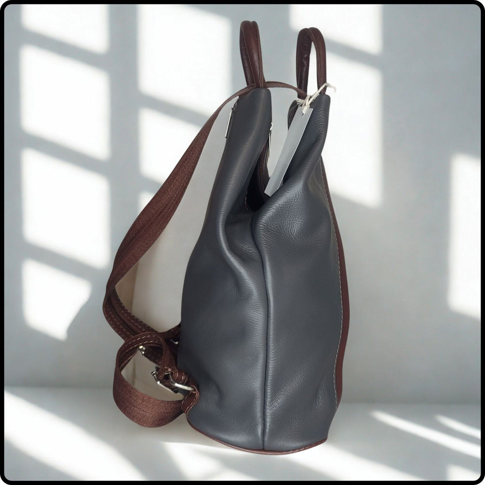 Large Soft Leather Backpack - VPR244-DARKGREY/BROWN