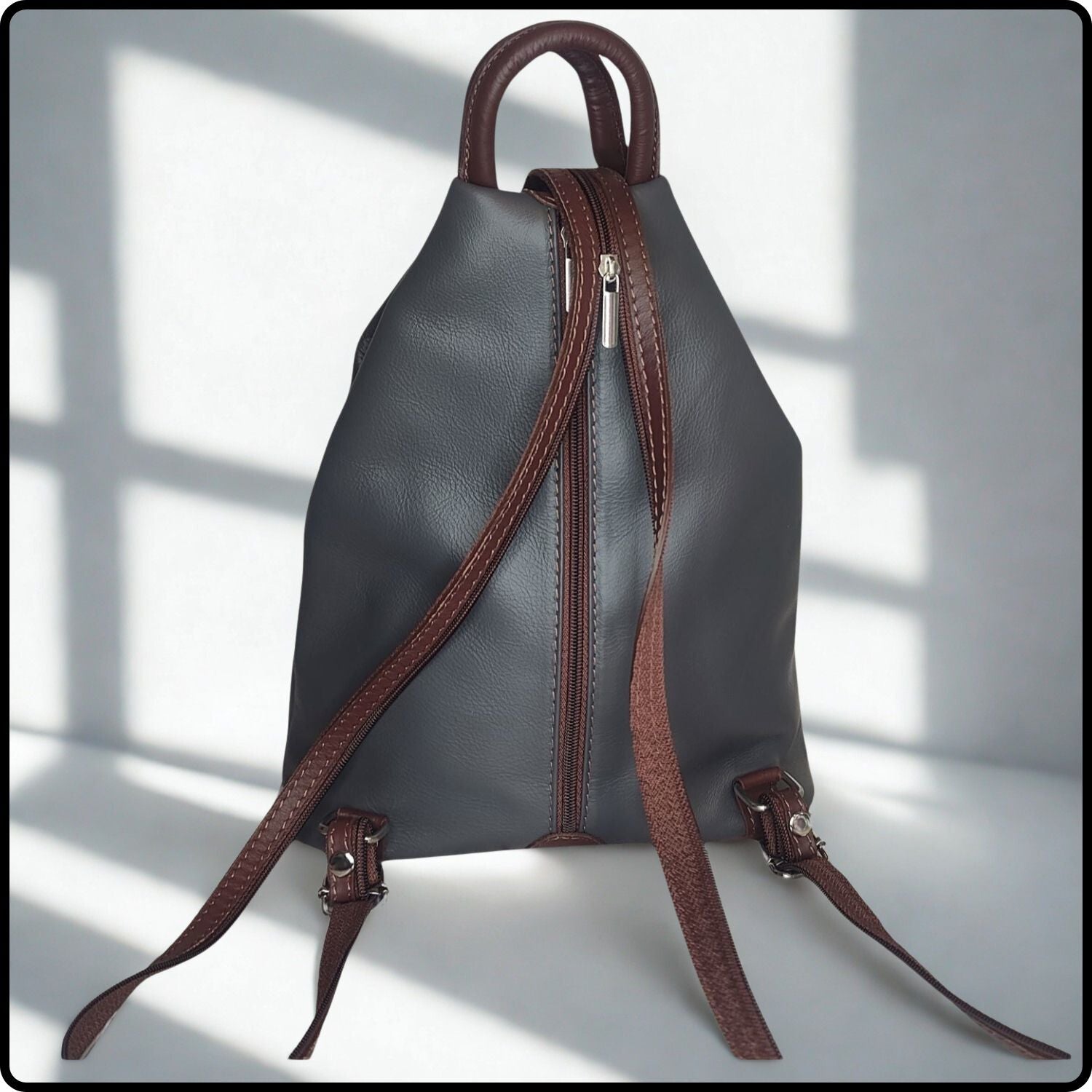 Large Soft Leather Backpack - VPR244-DARKGREY/BROWN
