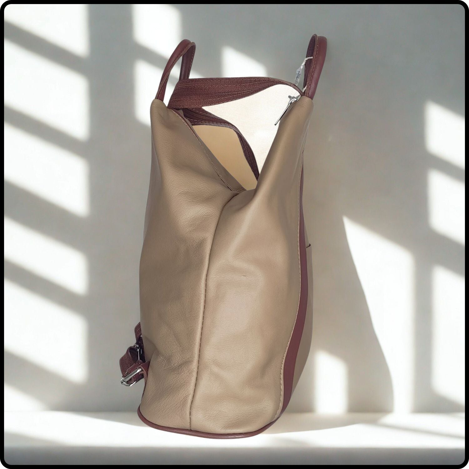 Large Soft Leather Backpack - VPR244-KHAKI/BROWN