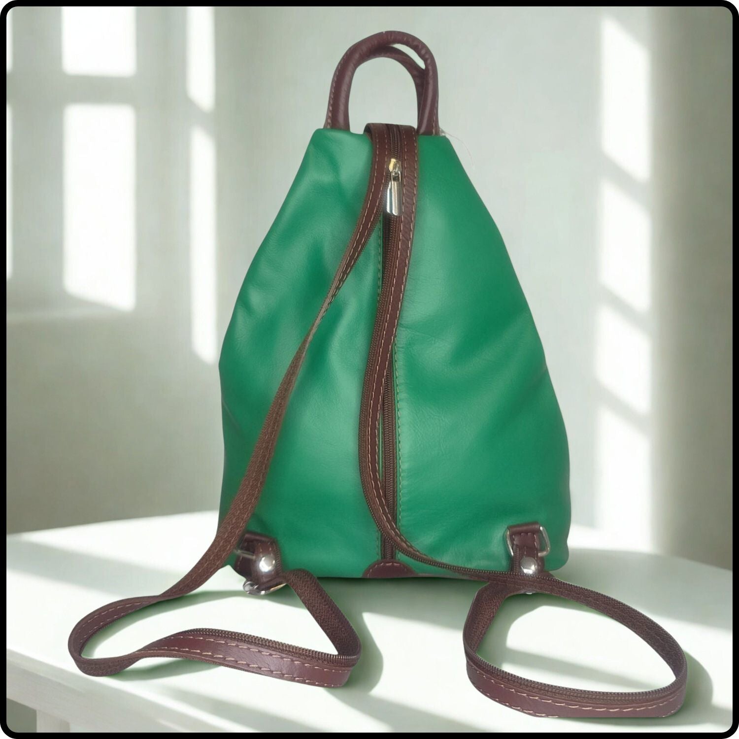 Large Soft Leather Backpack - VPR244-LIGHT GREEN/BROWN