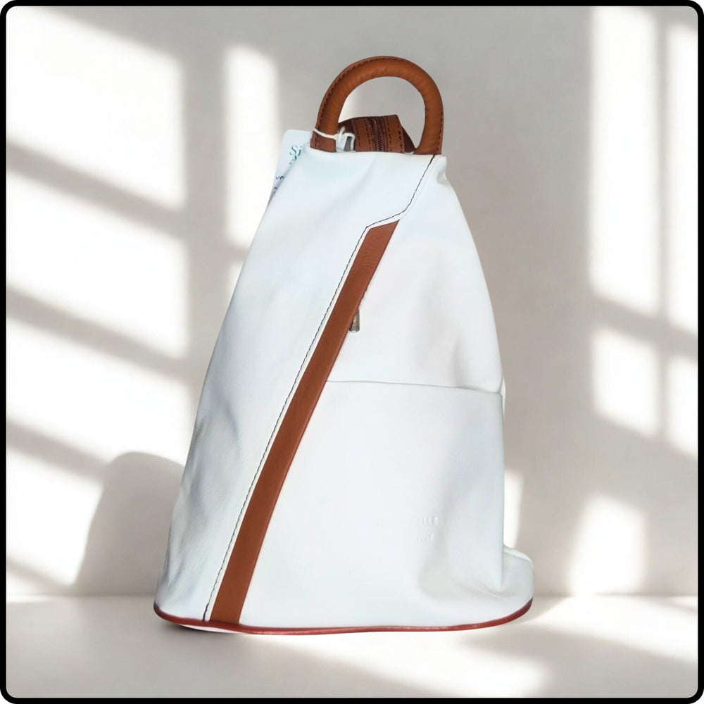 White bag with brown accents on a light background