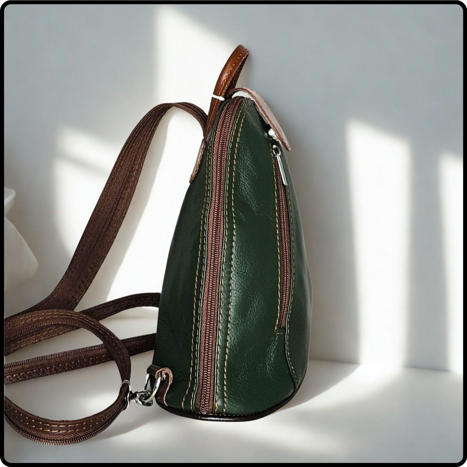 Small Soft Leather Backpack - VPB14-DARKGREEN/BROWN