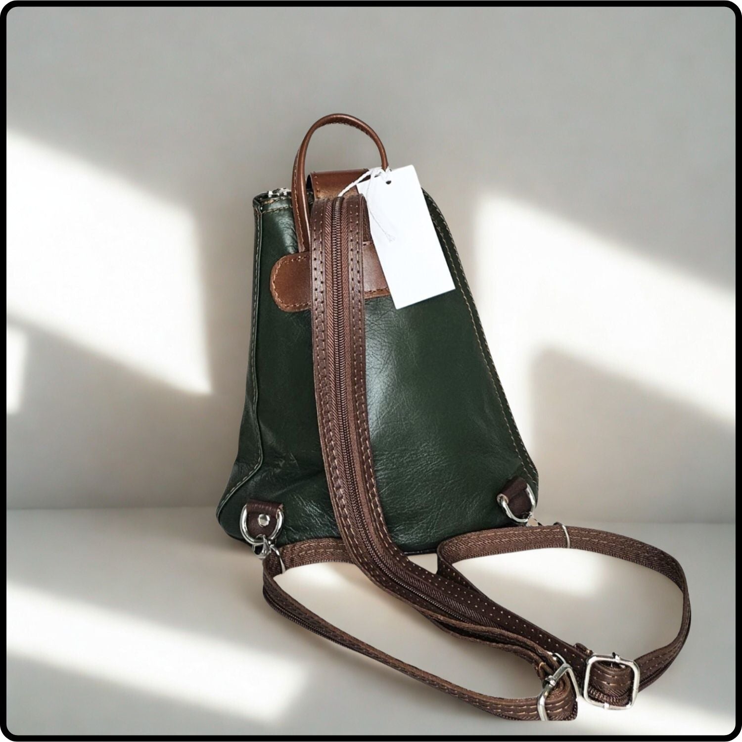 Small Soft Leather Backpack - VPB14-DARKGREEN/BROWN