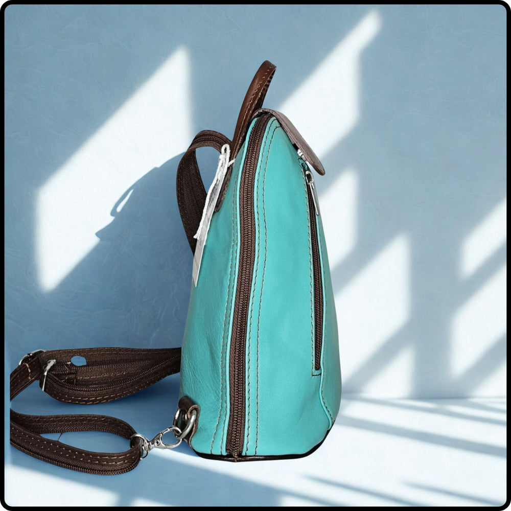 Small Soft Leather Backpack - VPB14-TURQUOISE/BROWN