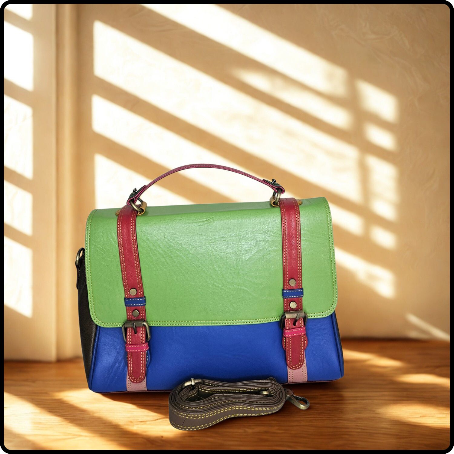 Handmade Recycled Leather Multicoloured Satchel-VKR-BLUE