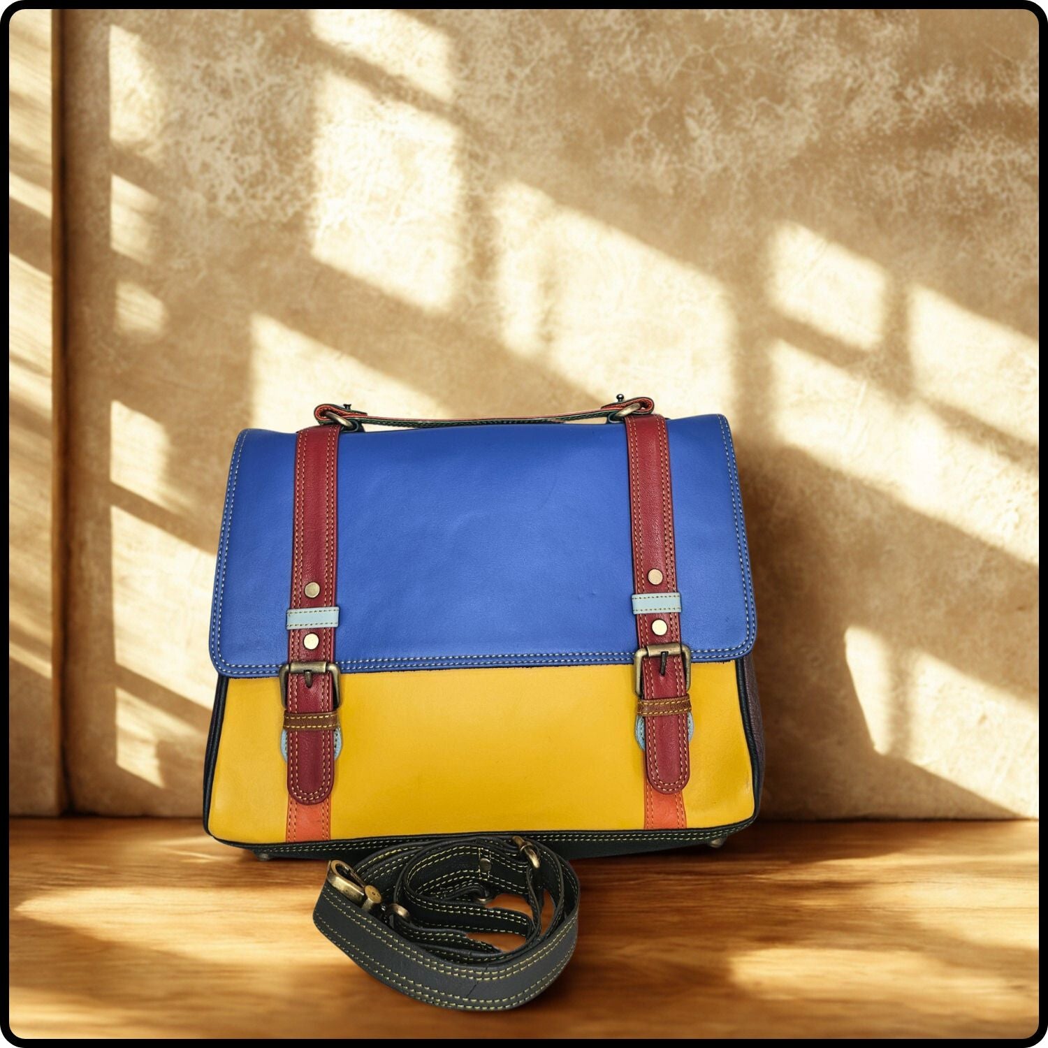 Handmade Recycled Leather Multicoloured Satchel-VKR-YELLOW