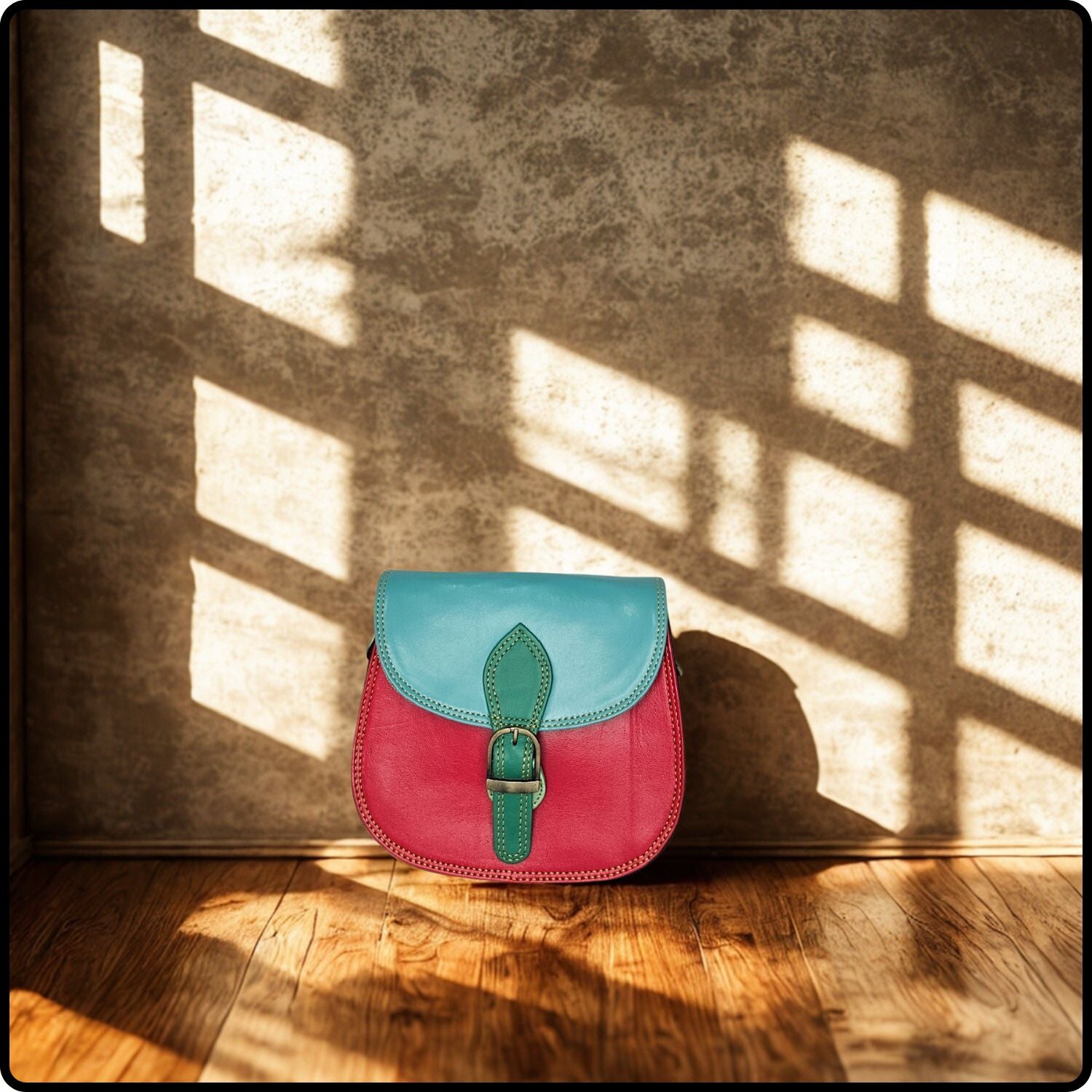 Handmade Recycled Leather Multicoloured Crossbody Saddle Bag-VSR-RED