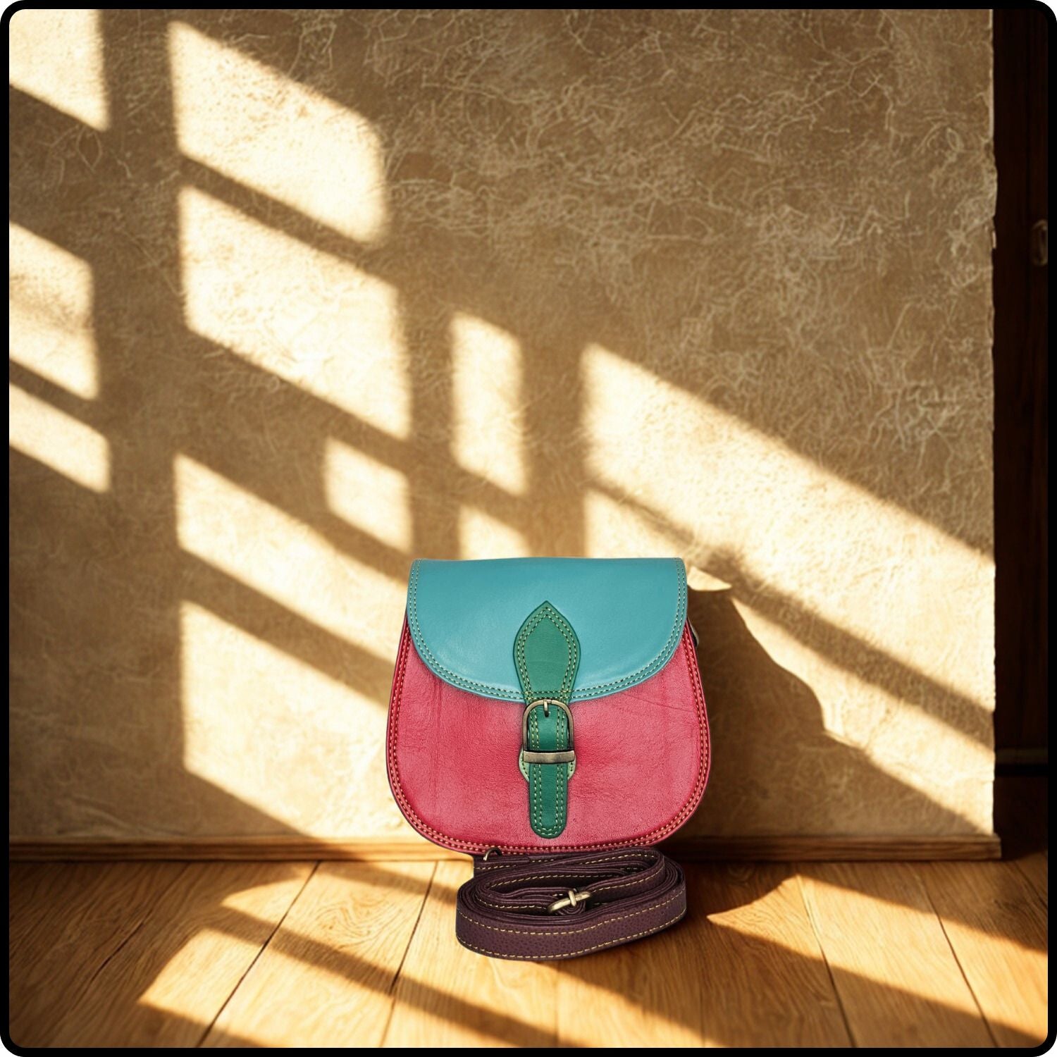 Handmade Recycled Leather Multicoloured Crossbody Saddle Bag-VSR-RED