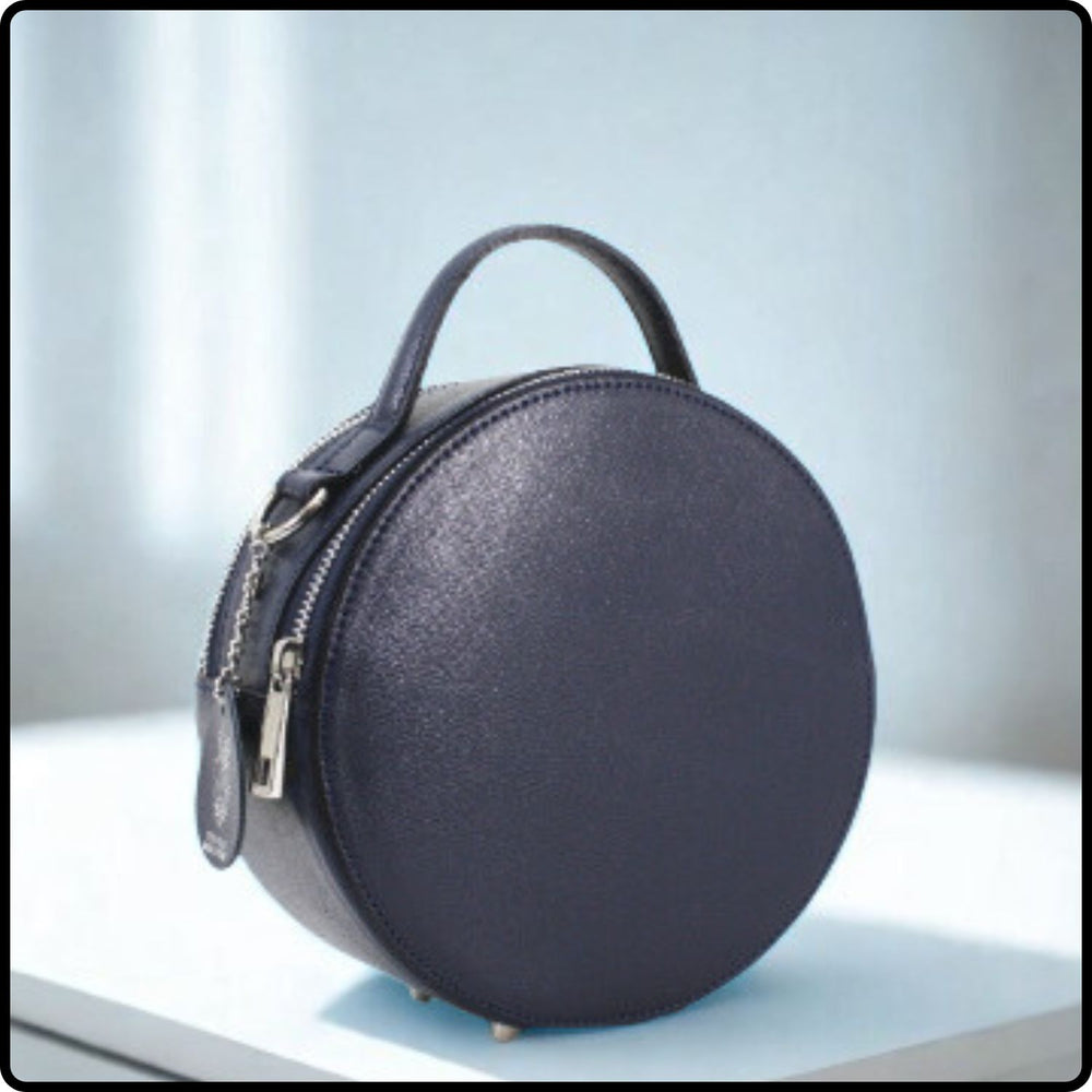 Round Leather Grab Bag With Double Zip - VPQ17-NAVY