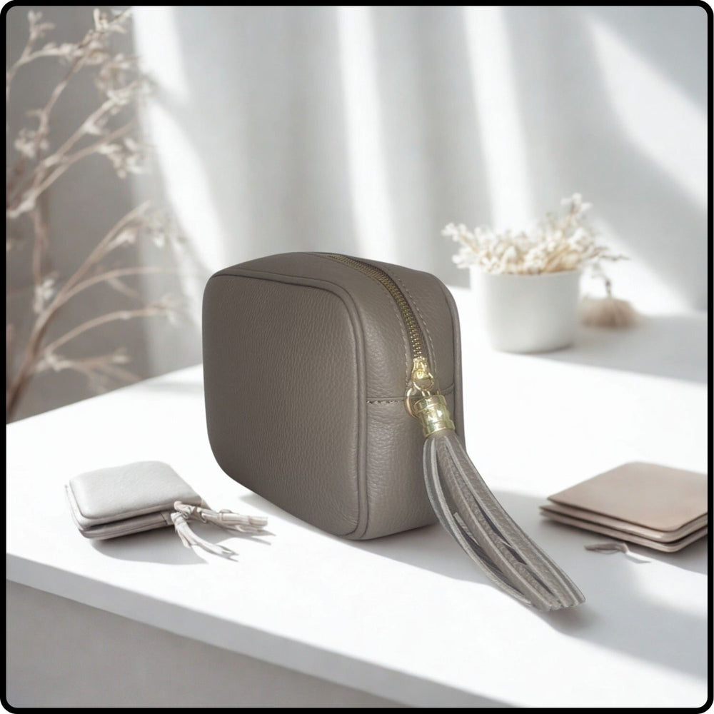 Leather Cross Body Bag Tassel- PS233-DARK TAUPE