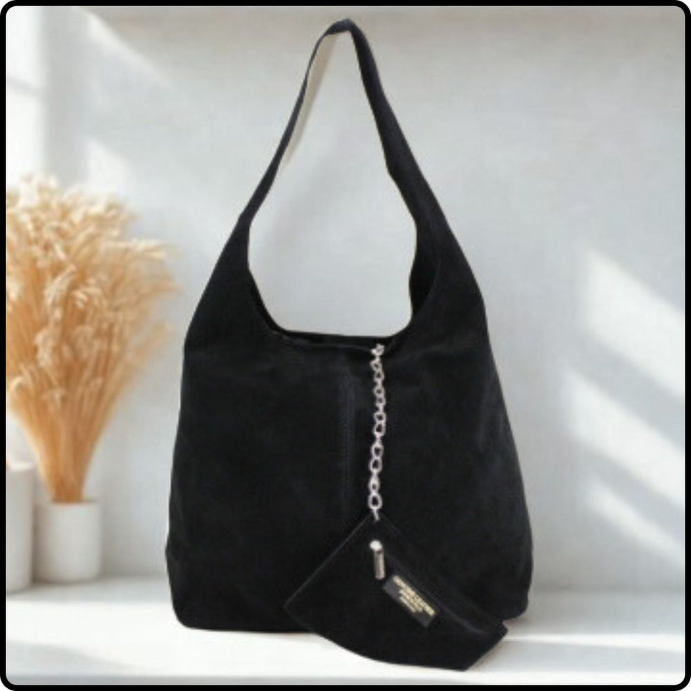 Suede Leather Slouchy Bag - VP144-BLACK
