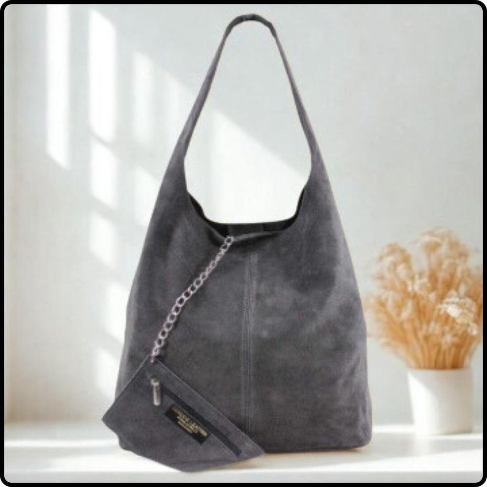 Suede Leather Slouchy Bag - VP144-DARK GREY