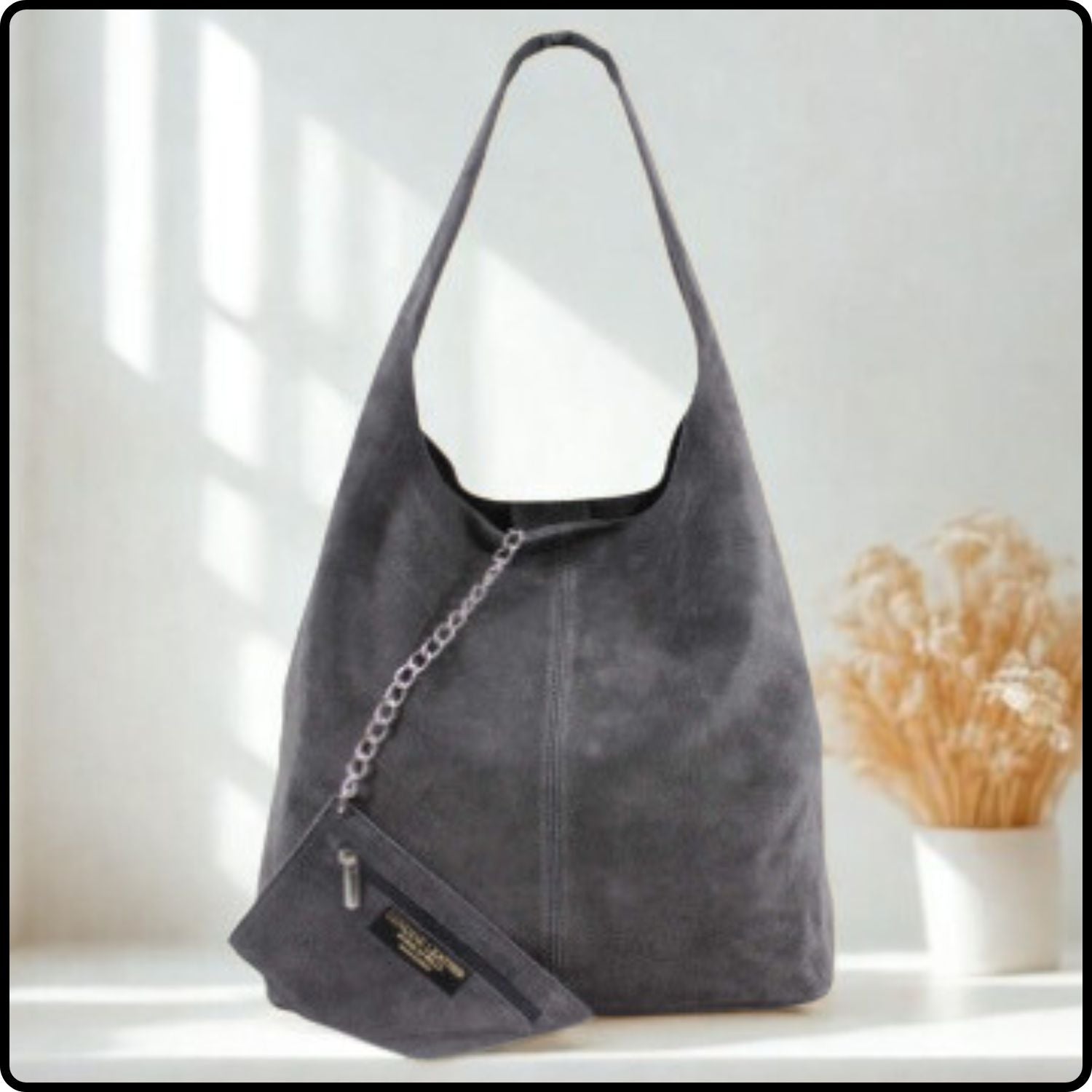 Suede Leather Slouchy Bag - VP144-DARK GREY
