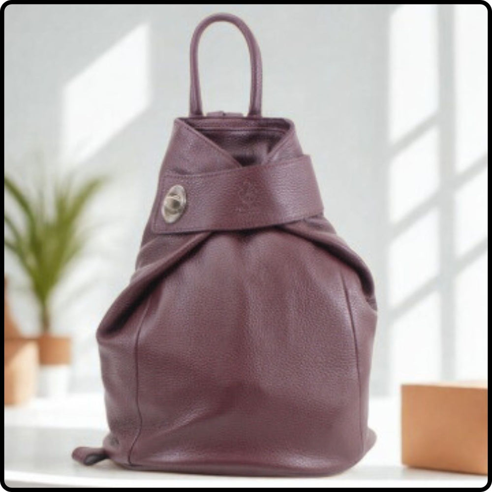 Large Pebbled Leather Lock Closure Backpack - VPR248-BURGUNDY