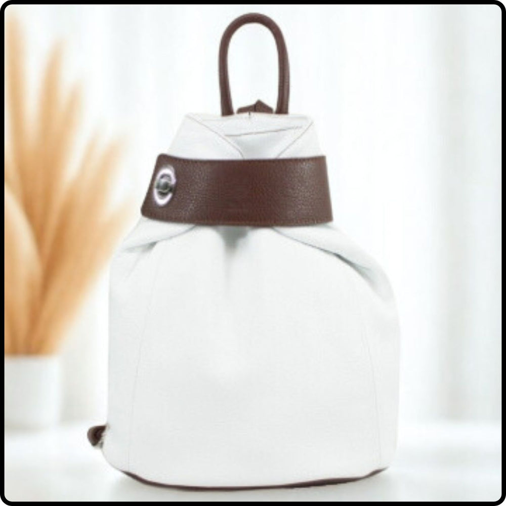 Large Pebbled Leather Lock Closure Backpack - VPR248-WHITE/TAN
