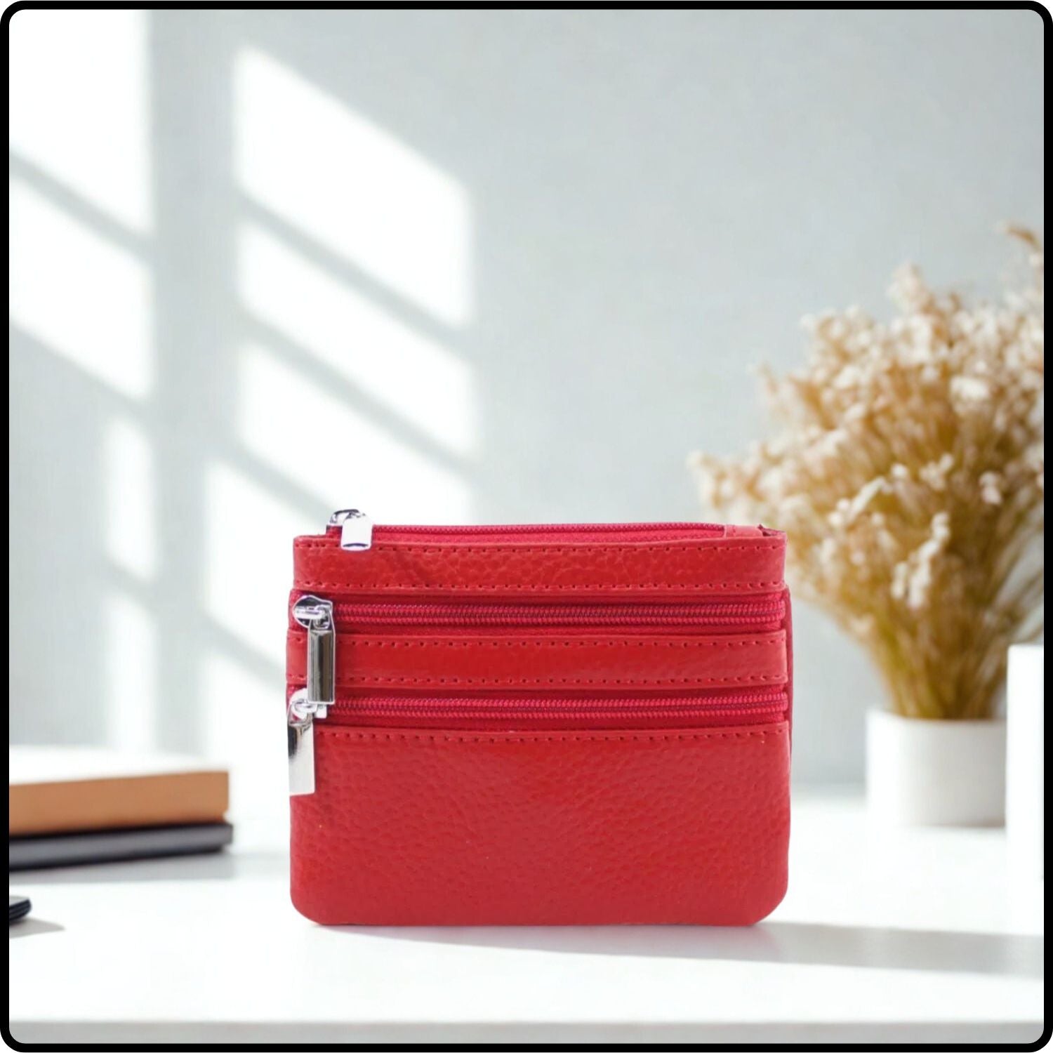 Leather Zipper Coin Purse - 001-RED