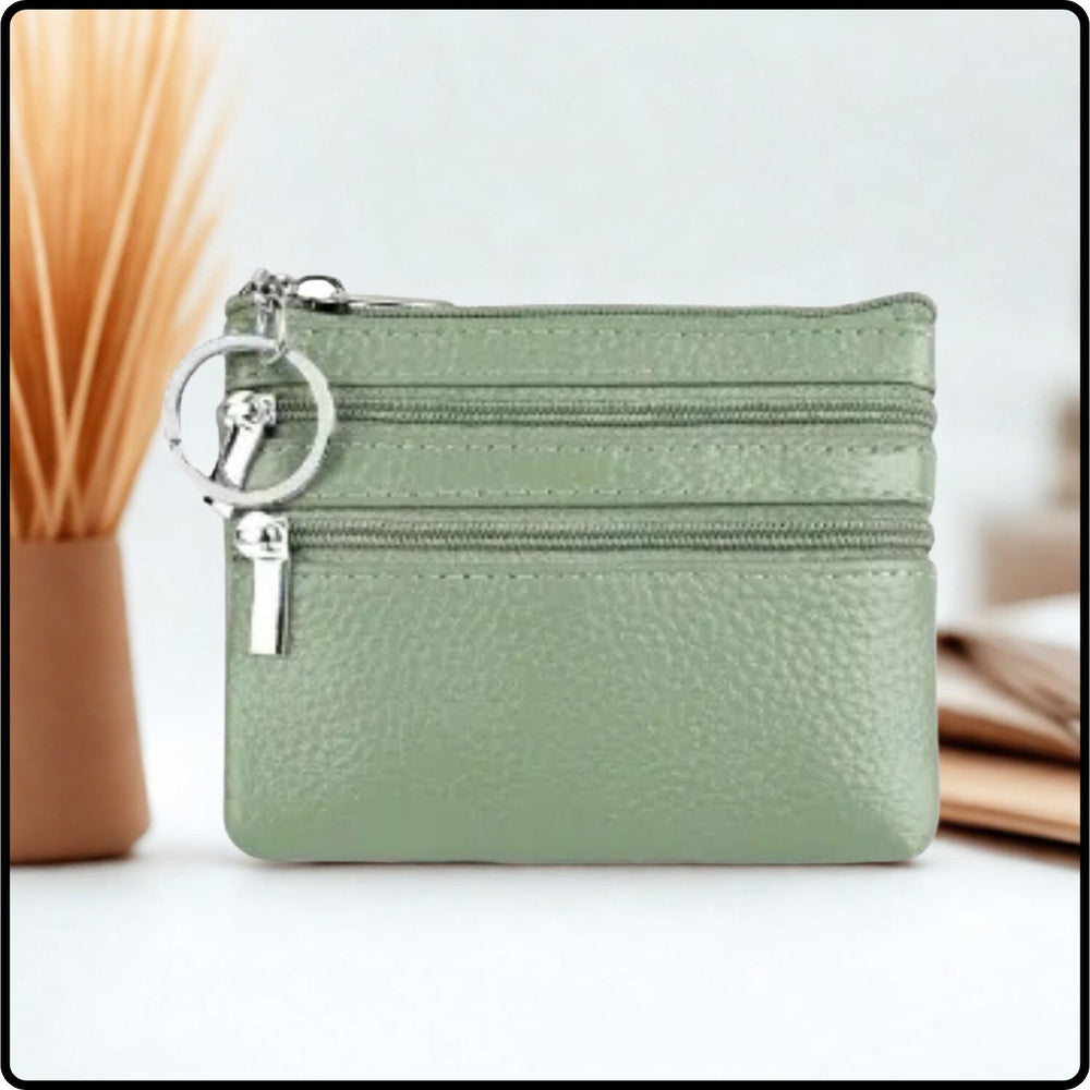 Leather Zipper Coin Purse - 001-SAGE GREEN