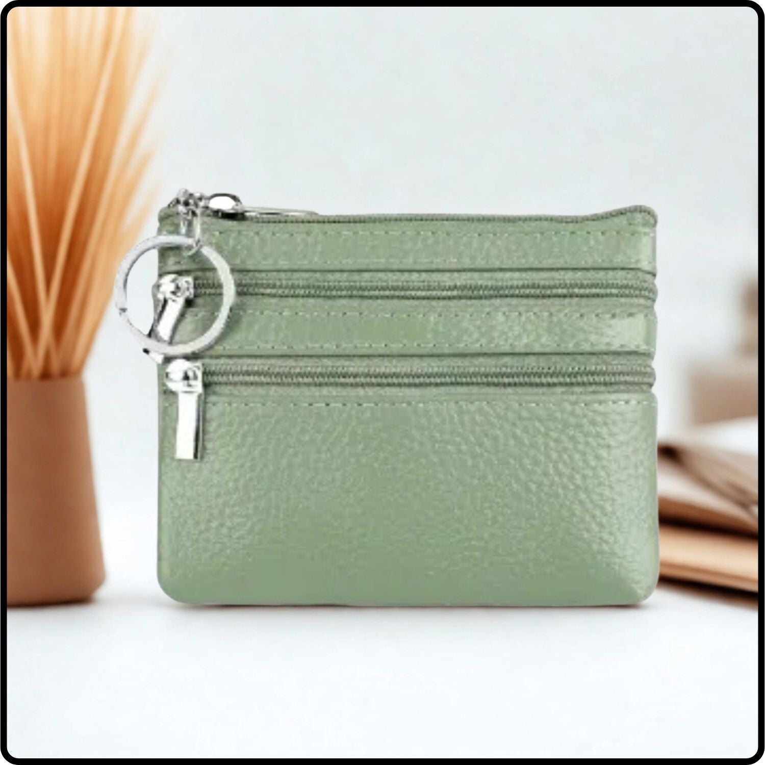 Leather Zipper Coin Purse - 001-SAGE GREEN
