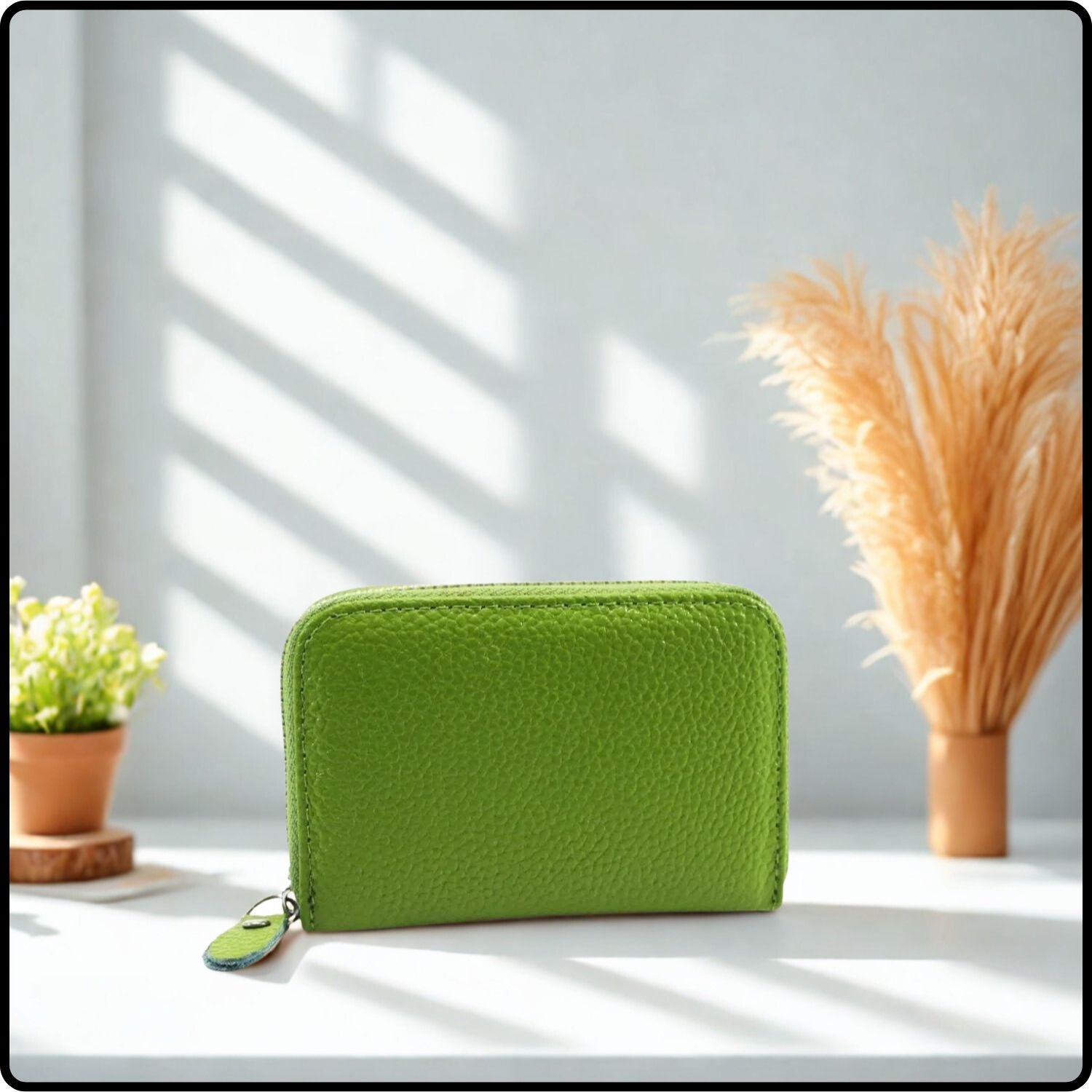 Single Zip Pebbled Leather Card Holder - KB82-GREEN