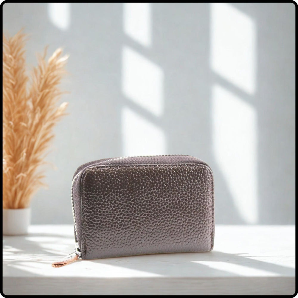 Single Zip Pebbled Leather Card Holder - KB82-GREY