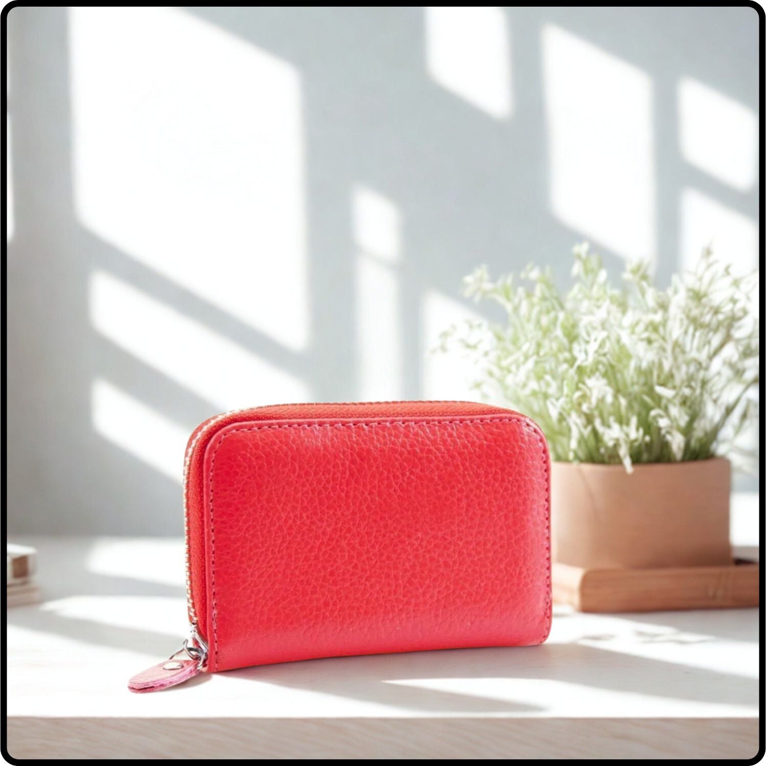 Single Zip Pebbled Leather Card Holder - KB82-RED