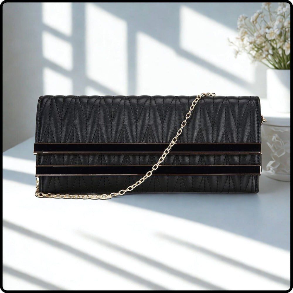 Maya Double Bar Quilted Clutch Bag /Black-Maya-Black