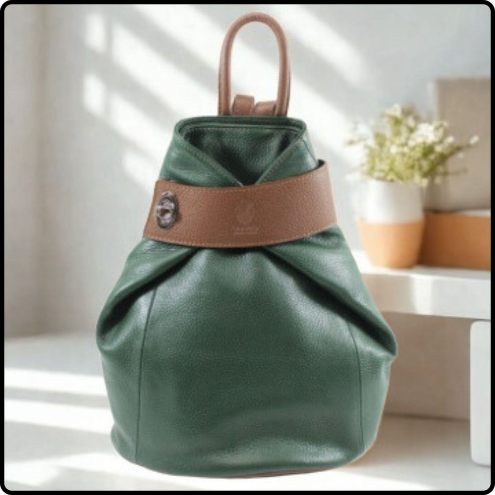 Large Pebbled Leather Lock Closure Backpack - VPR248-GREEN/TAN