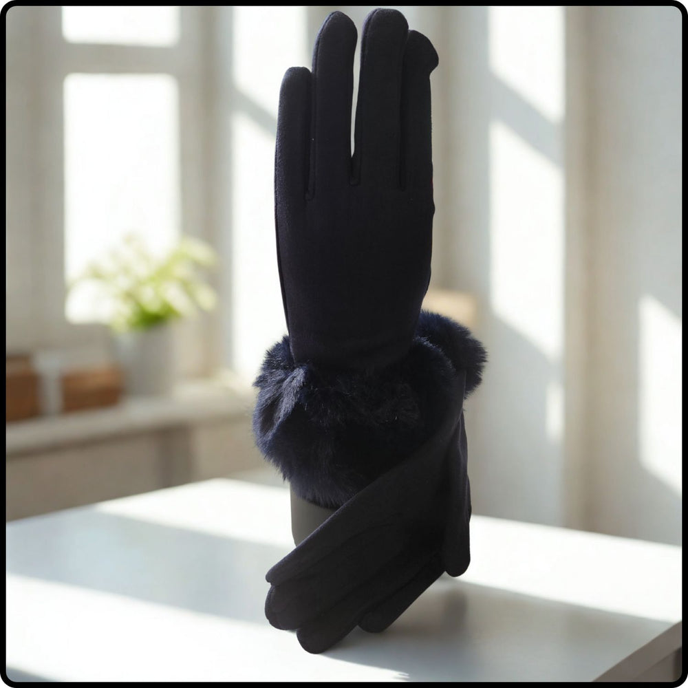 Faux Fur Suedette Fabric Touch Screen Gloves One Size in Navy-FGN