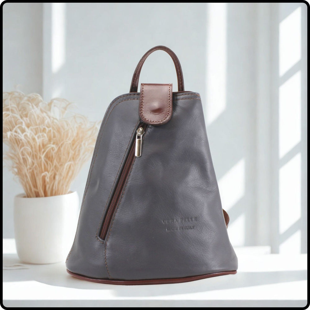 Small Soft Leather Backpack - VPB14-DARK GREY/BROWN