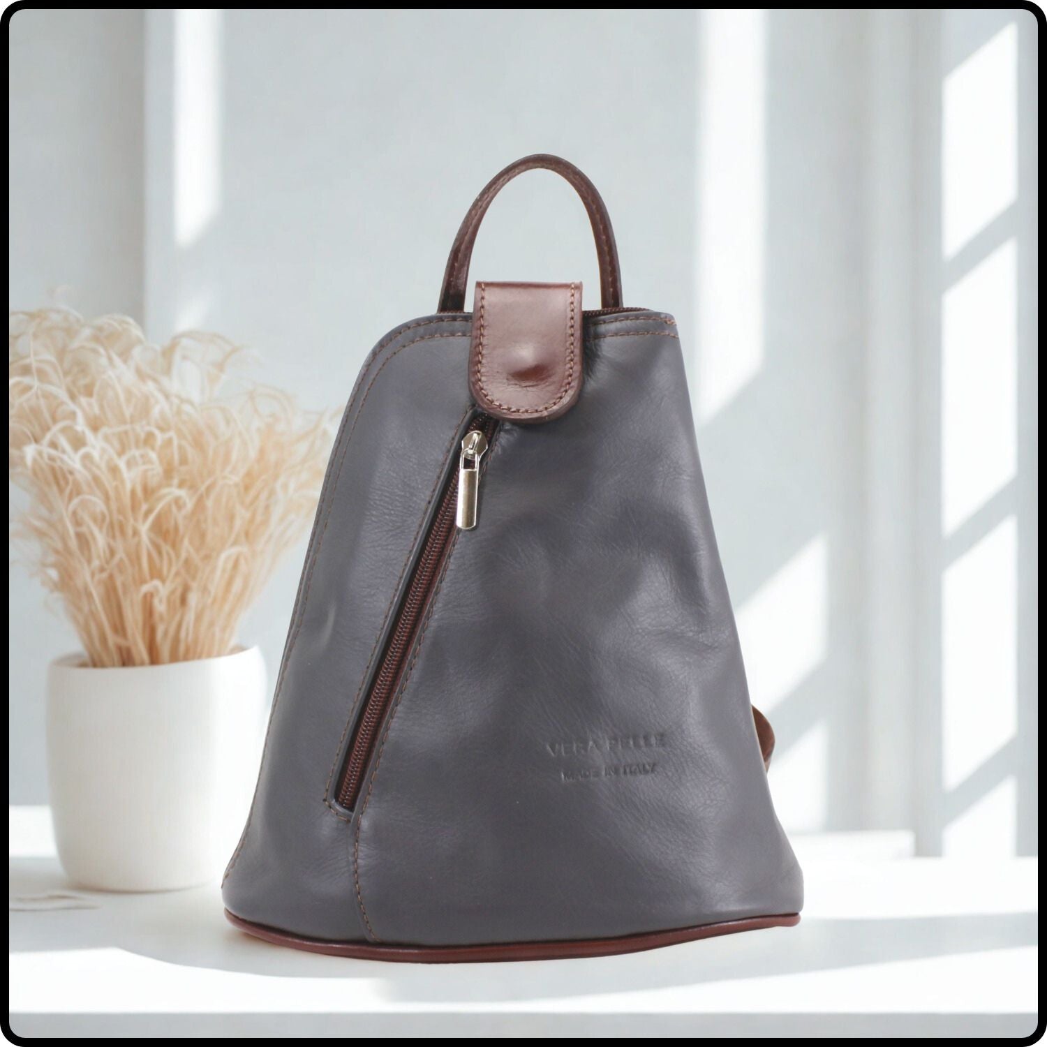 Small Soft Leather Backpack - VPB14-DARK GREY/BROWN
