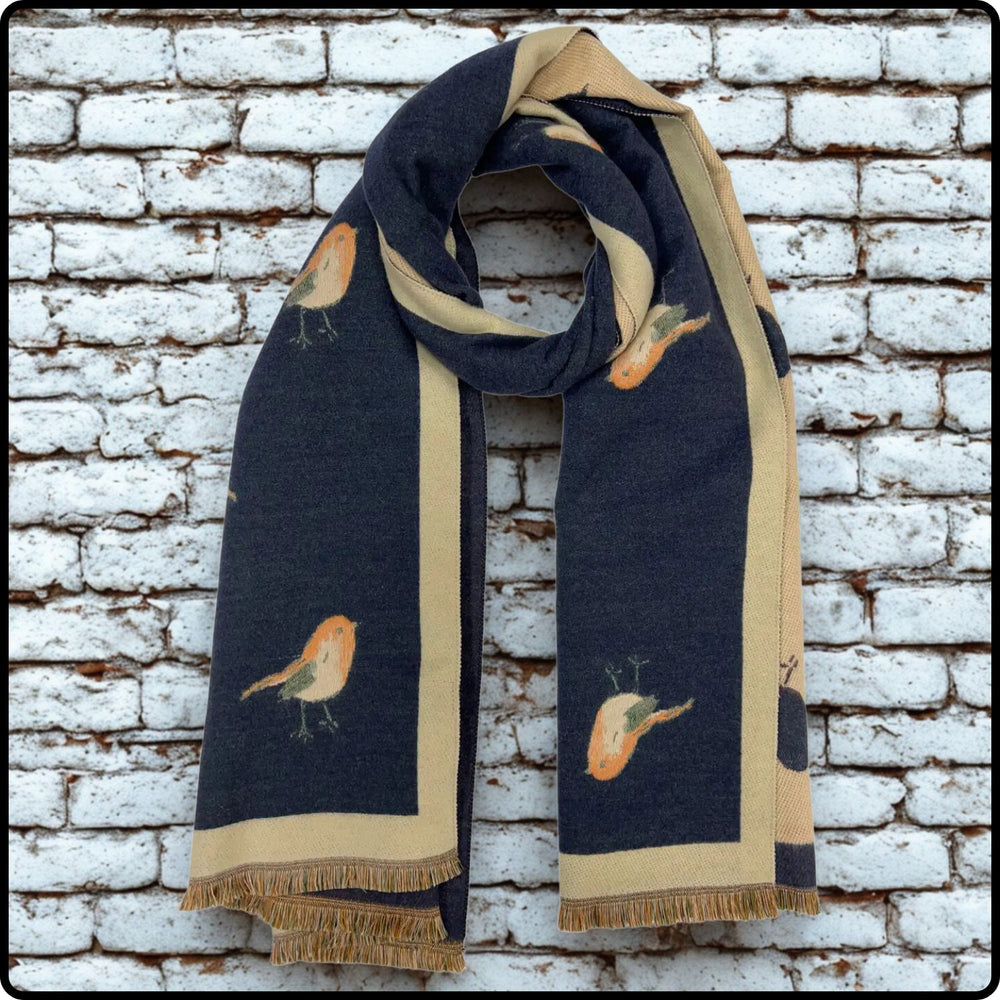 Robin embroidered print on reversible cashmere blend scarf in Navy-RSCN