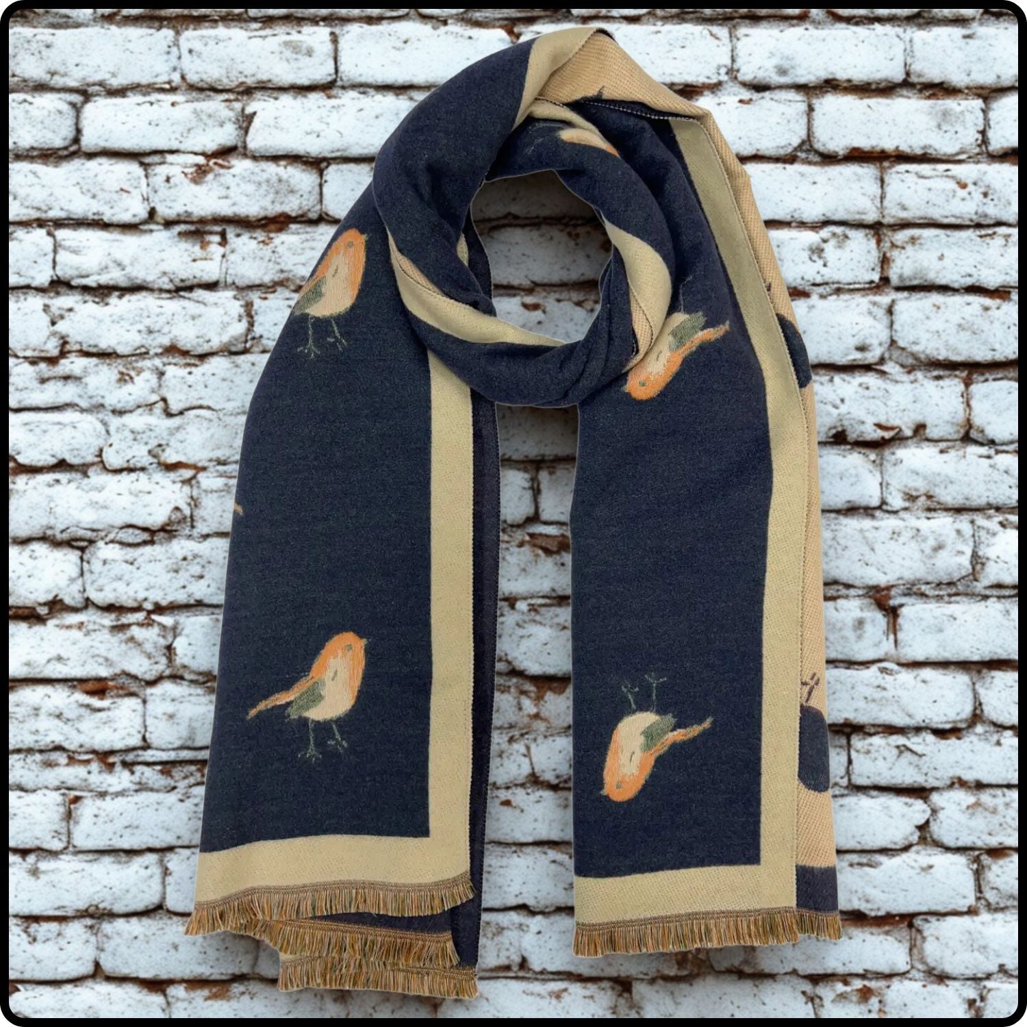 Robin embroidered print on reversible cashmere blend scarf in Navy-RSCN