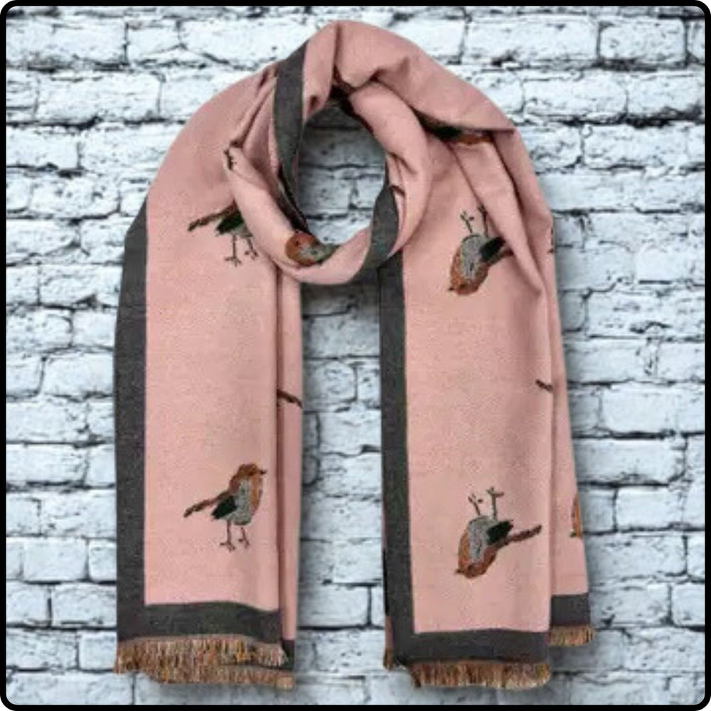 Robin embroidered print on reversible cashmere blend scarf in Pink-RSCP