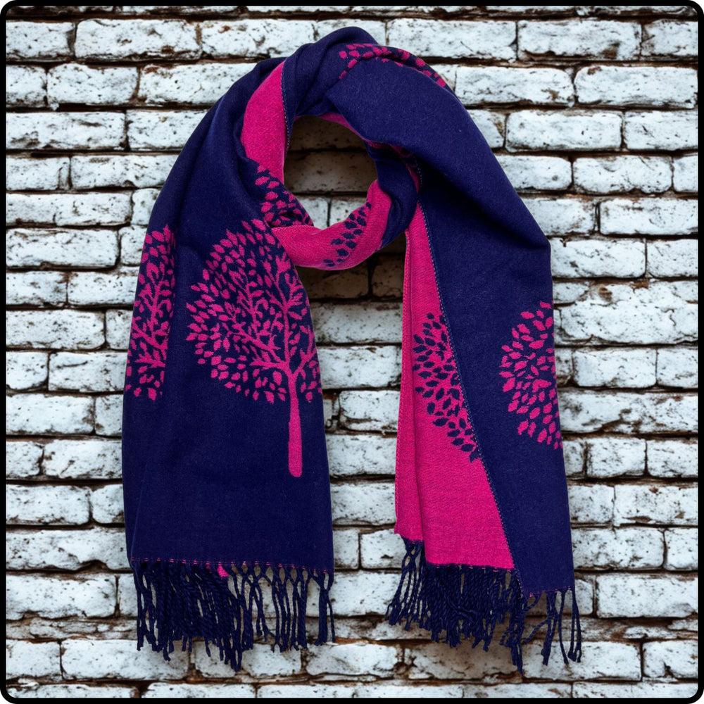 Tree of life print scarf on cashmere mix with tassels in Fuchsia/Navy-TSCF