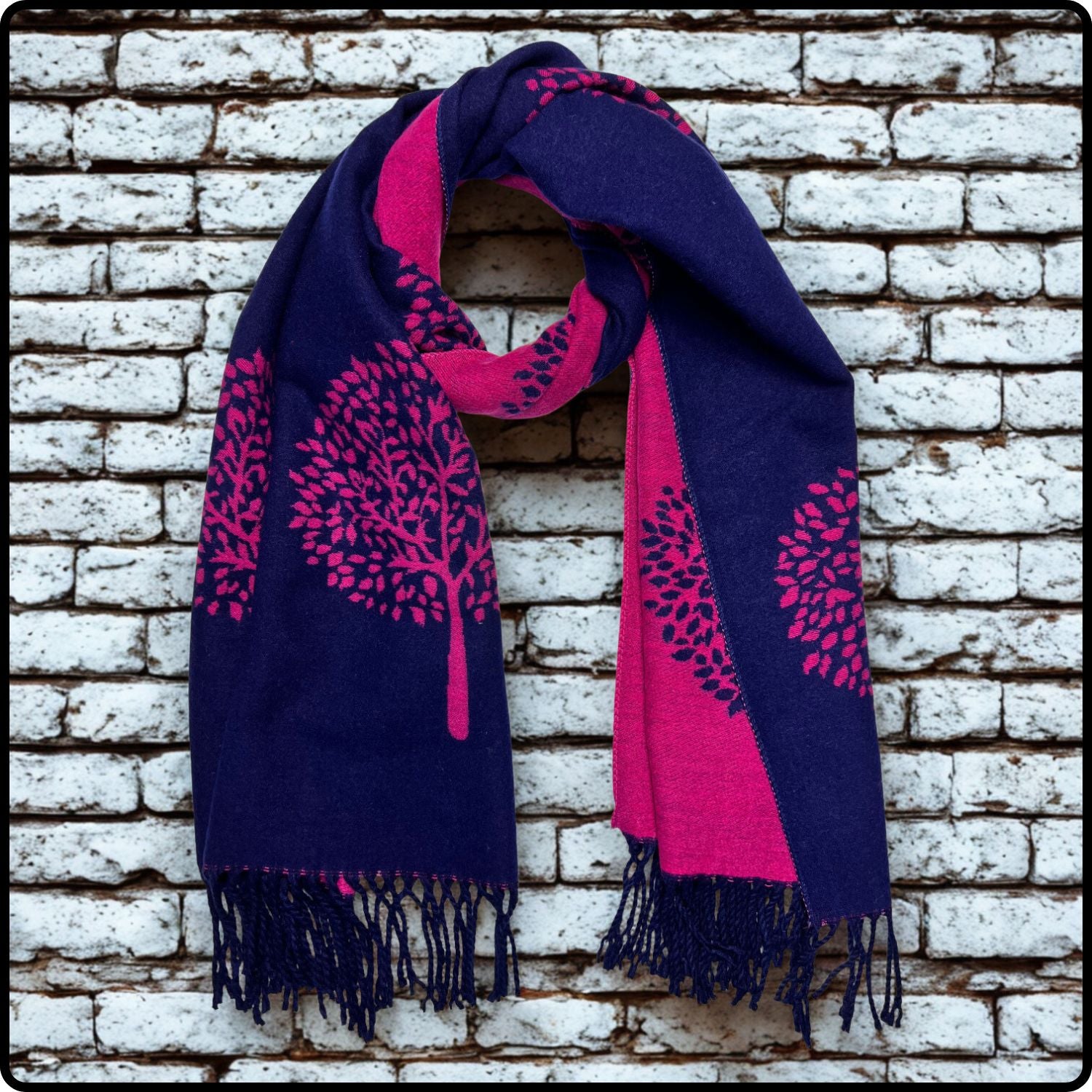 Tree of life print scarf on cashmere mix with tassels in Fuchsia/Navy-TSCF