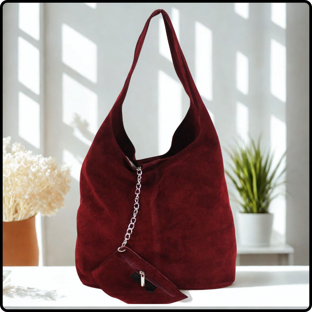 Suede Leather Slouchy Bag - VP144-BURGUNDY