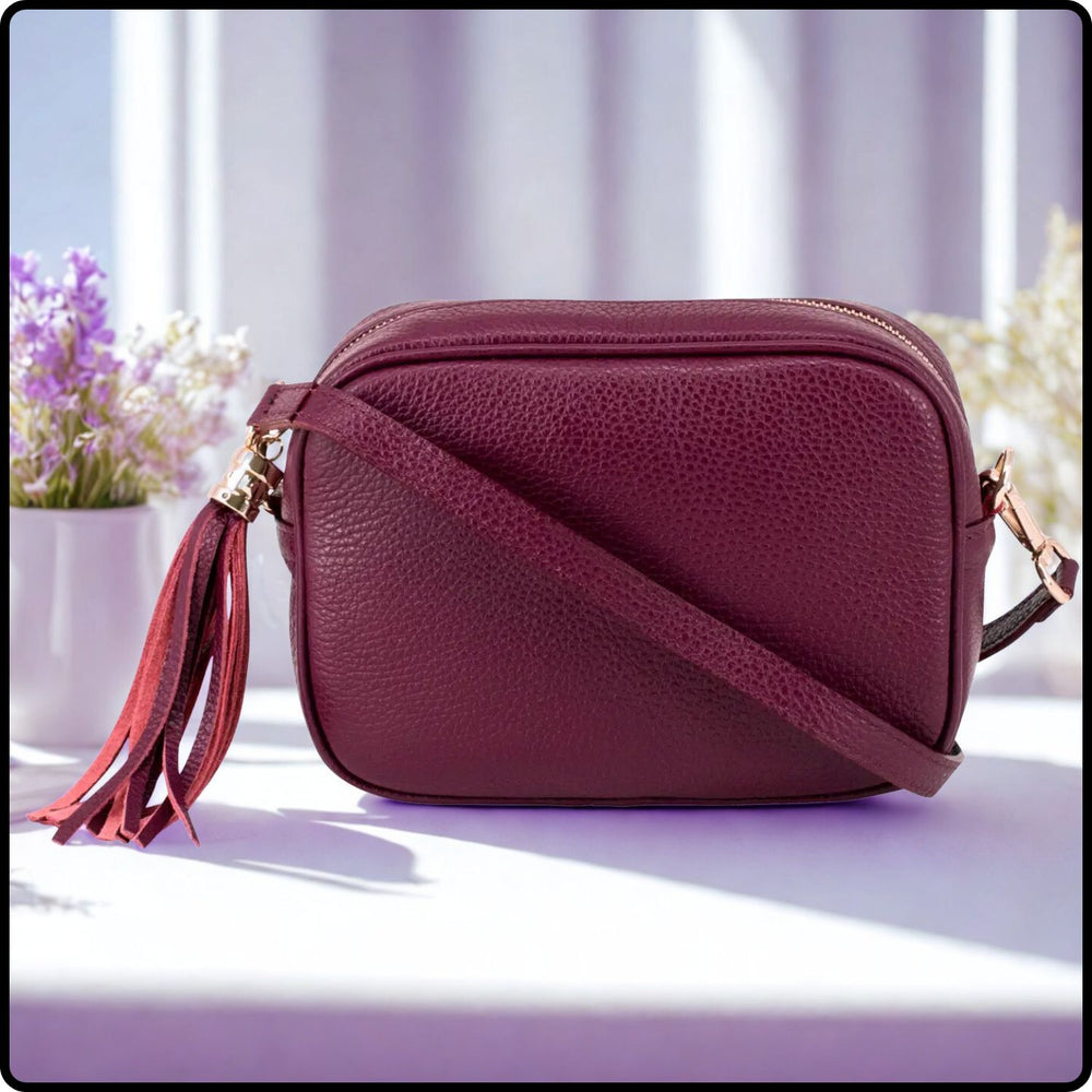 Leather Cross Body Bag Tassel- PS233-RED PLUM