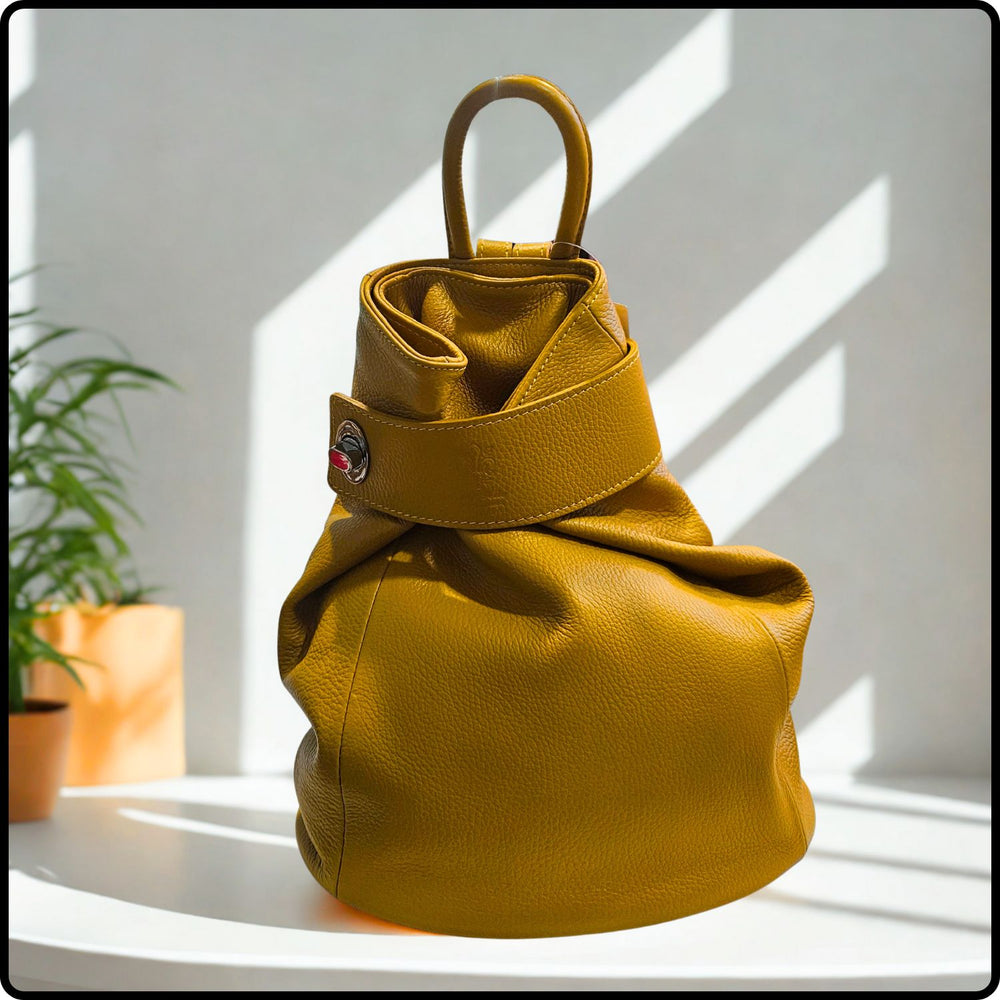 Large Pebbled Leather Lock Closure Backpack - VPR248-MUSTARD