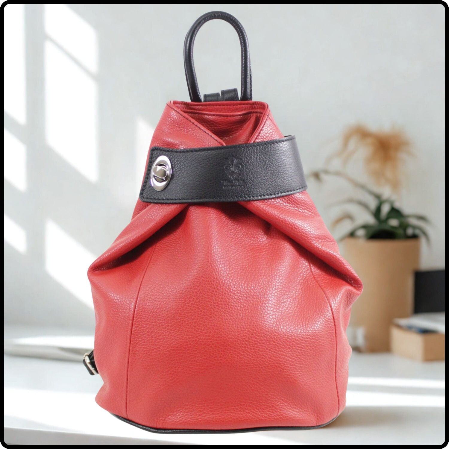 Large Pebbled Leather Lock Closure Backpack - VPR248-RED/BLACK