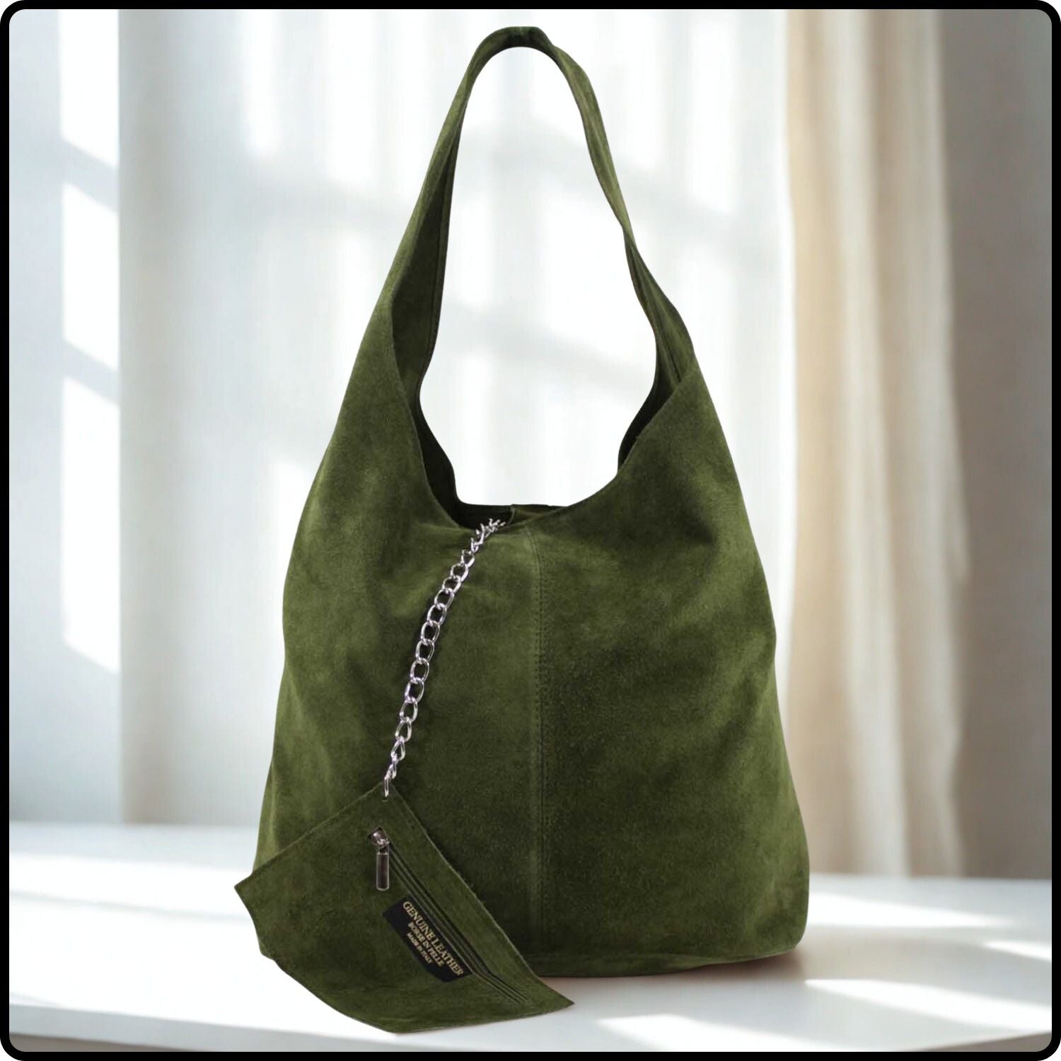 Suede Leather Slouchy Bag - VP144-ARMY GREEN