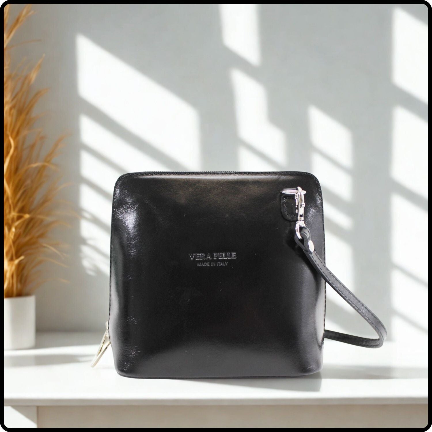 Square Leather Messenger Bag - VP011-BLACK