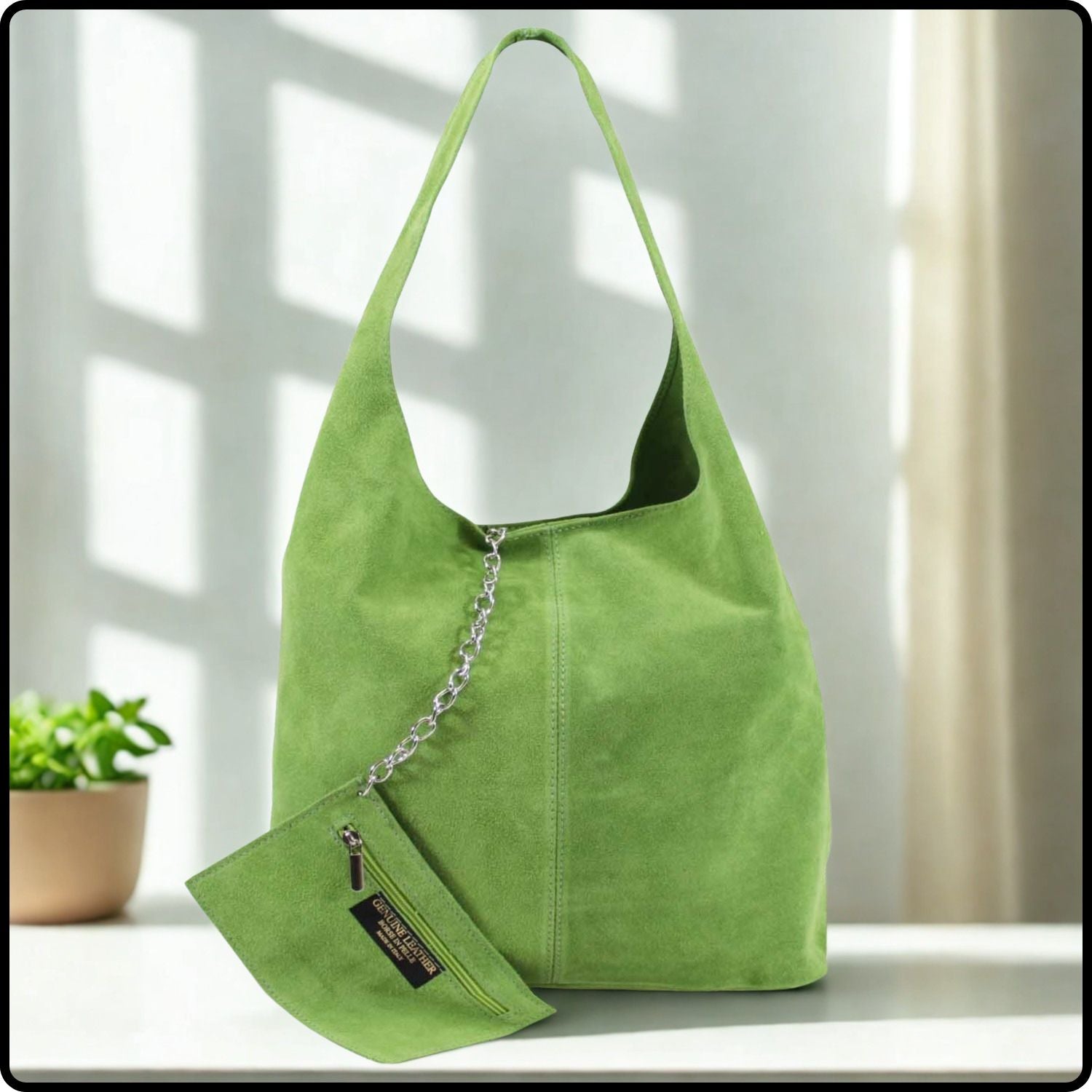 Suede Leather Slouchy Bag - VP144-GREEN