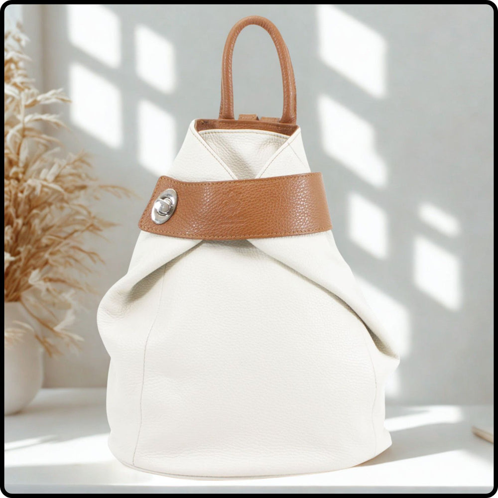 Large Pebbled Leather Lock Closure Backpack - VPR248-BEIGE/TAN