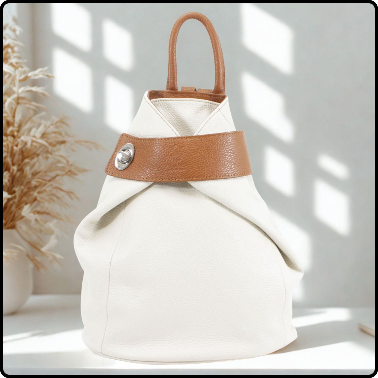 Large Pebbled Leather Lock Closure Backpack - VPR248-BEIGE/TAN