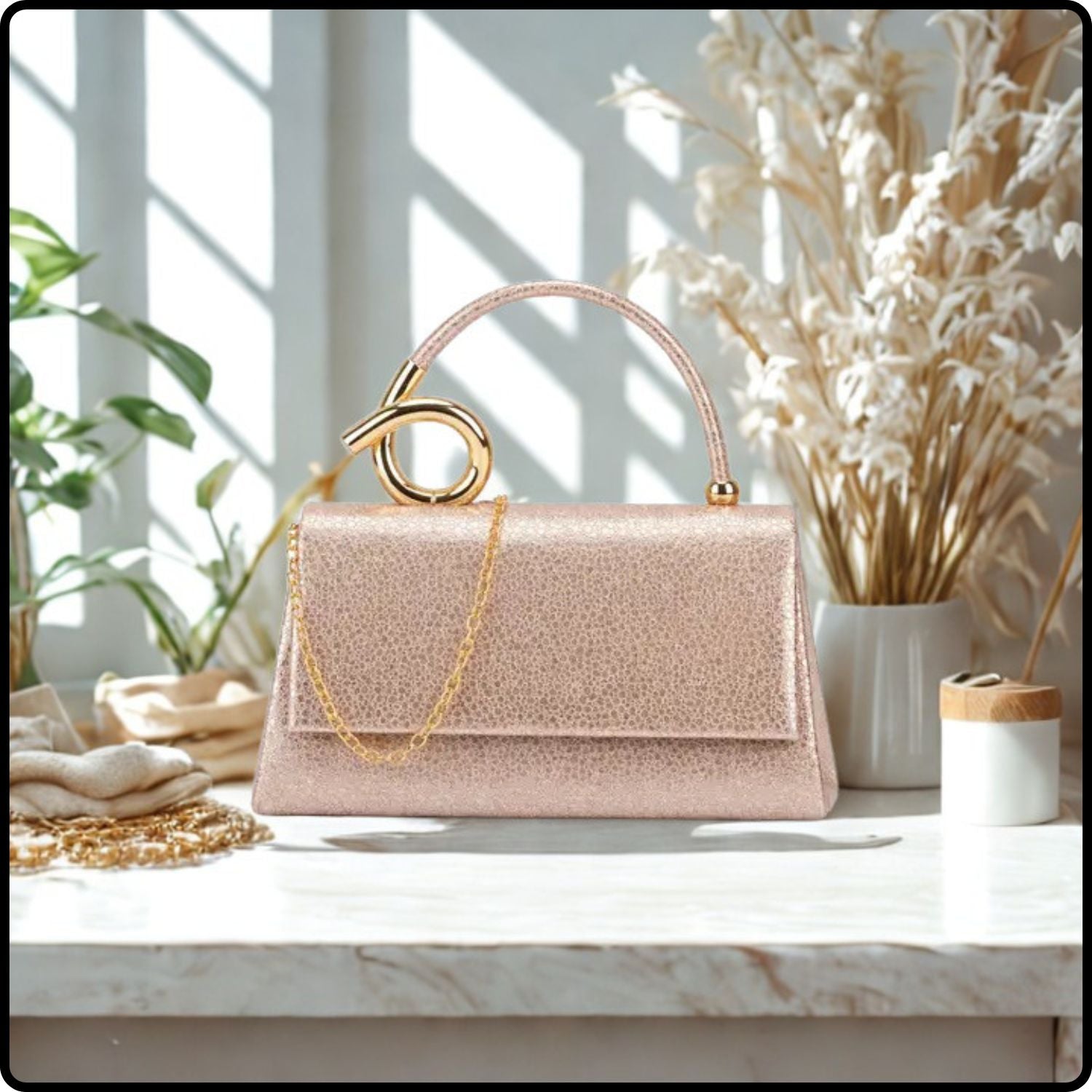 Top Handle Clutch Bag with Flap and Chain Strap-KH-CHAMPAGNE
