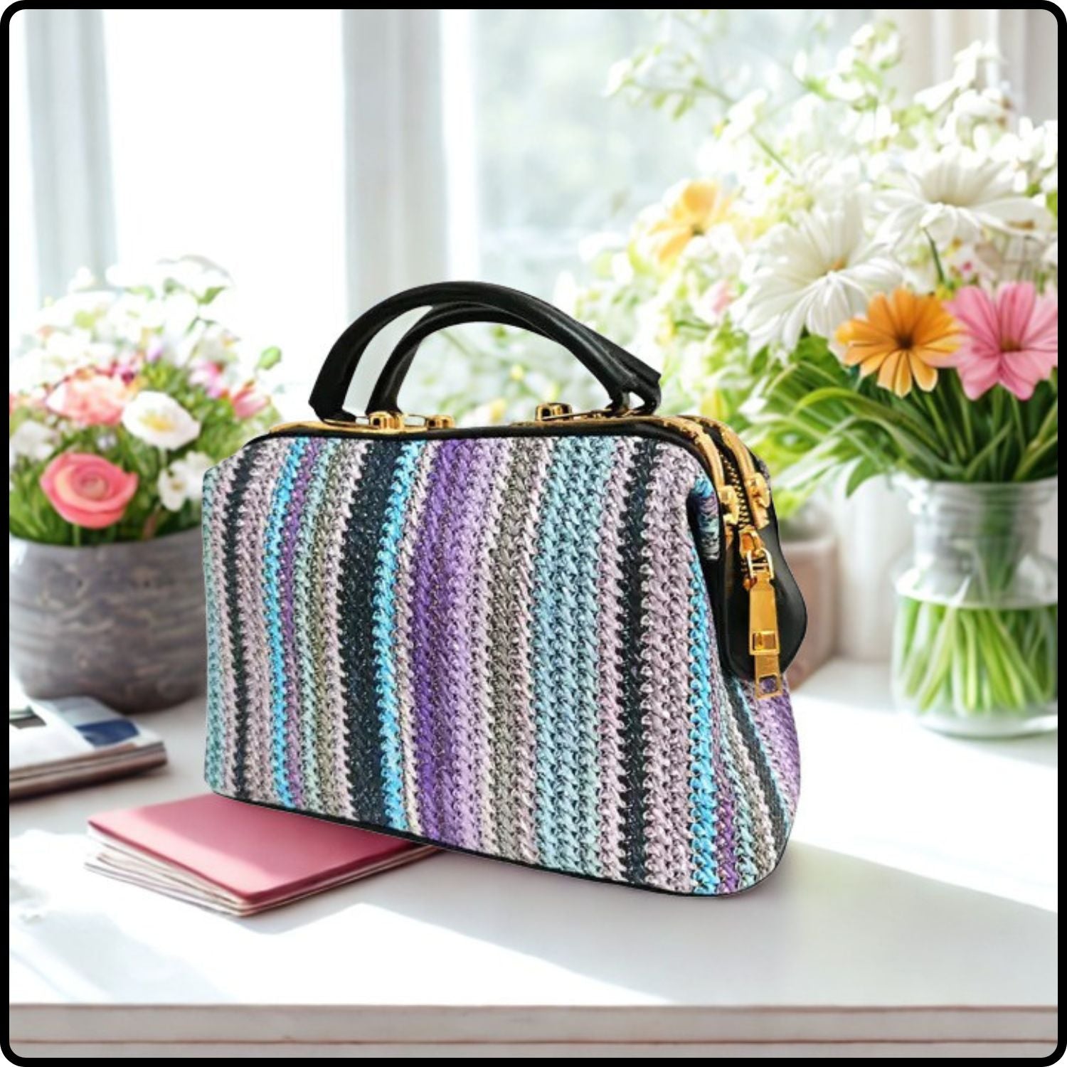 Medium Size Summer Multicolour Striped Top Handle Bag-SMB-Black