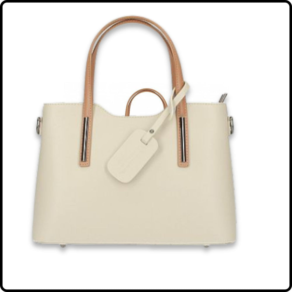 Soft Leather Double Compartment Handbag - M9018/BEC-BEIGE/COGNAC