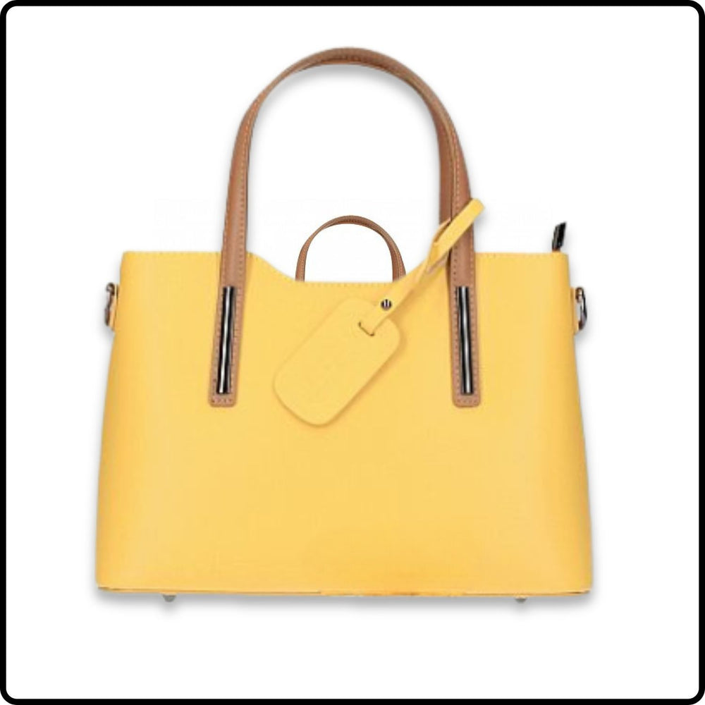 Soft Leather Double Compartment Handbag - M9018/GIC-YELLOW/COGNAC