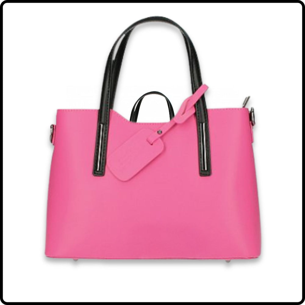 Soft Leather Double Compartment Handbag - M9018/FXN-FUSCHIA/BLACK